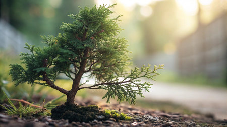 Pine tree in the garden. Nature background. Selective focus.の写真素材