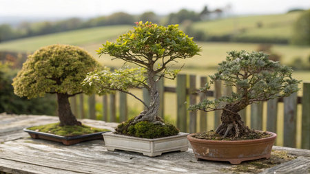 Bonsai tree in a pot on a wooden table at countryside
