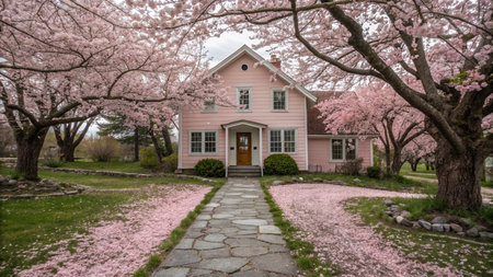 Cherry blossoms in full bloom in the grounds of a colonial houseの写真素材