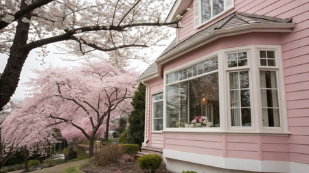 Cherry blossoms in full bloom in a pink house in springの写真素材