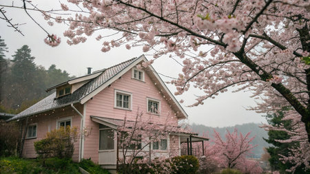 Cherry blossoms and wooden houseの写真素材