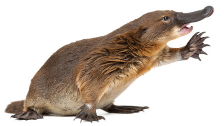 Close-up of a platypus sitting, isolated on whiteの写真素材