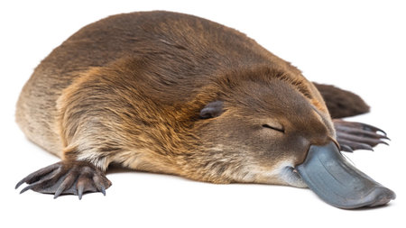 Close-up of a platypus sleeping isolated on white backgroundの写真素材