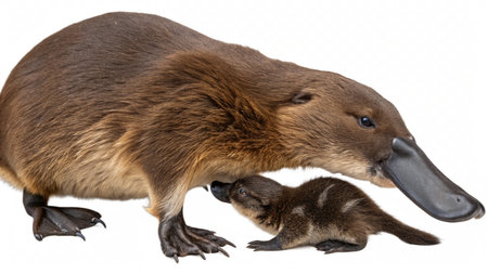 Mother platypus with her little baby isolated on white background.の写真素材