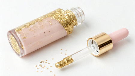 Pink nail polish bottle with gold glitter on white background. Beauty conceptの写真素材