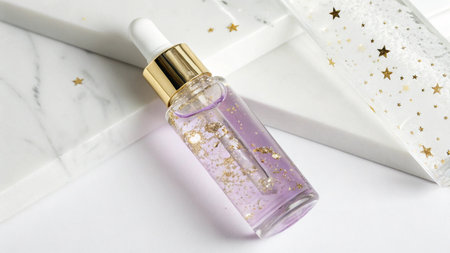 Skincare product in glass bottle on white background with golden stars