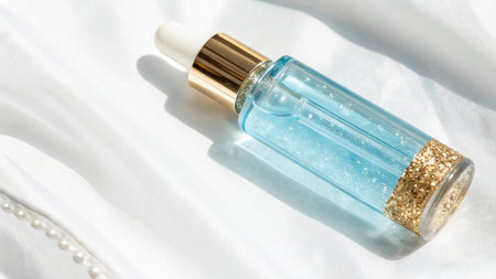 Cosmetic bottle with pipette on white silk background. Skin care productの写真素材