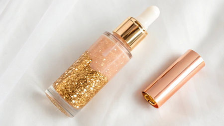 Cosmetic branding, salon and glamour concept - Beige nail polish bottle and golden glitter on silk background, make-up and cosmetics product for luxury beauty brand holiday designの写真素材