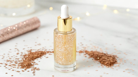 Cosmetic pipette with golden glitter on light background, closeupの写真素材