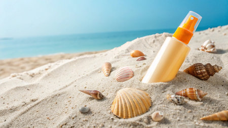 Sunscreen bottle with seashells on sand. Summer vacation conceptの写真素材