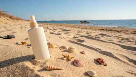 Sunscreen bottle on sandy beach with seashells. Sun protection conceptの写真素材