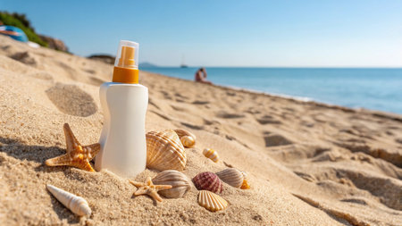 Sunscreen lotion on the beach with seashells and starfishの写真素材
