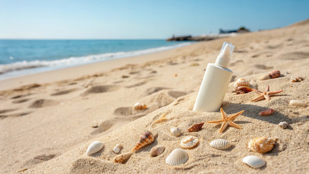 Sunscreen cream on the beach with seashells and starfishの写真素材