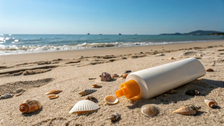 Sun protection cream on the beach with seashells and blue sky