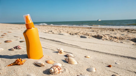 Sunscreen bottle on the beach with seashells and blue skyの写真素材