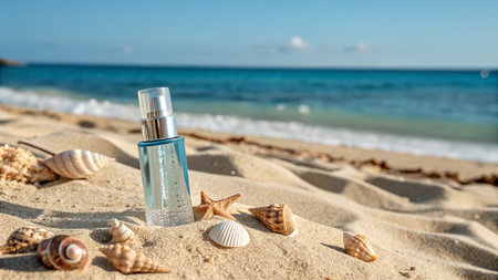 cosmetic cream on the beach with seashells in the backgroundの写真素材