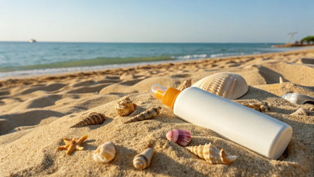 Sunscreen cream on the beach with seashells and starfishの写真素材
