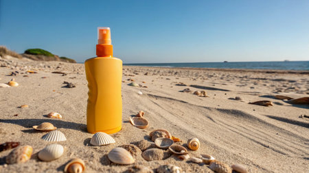 Sunscreen bottle on the beach with seashells and blue skyの写真素材