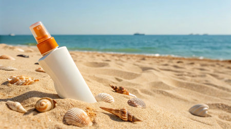 Sunscreen lotion on the beach with seashells and stonesの写真素材