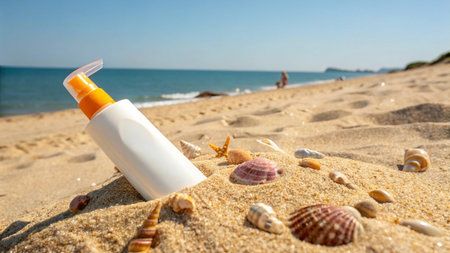 Sunscreen and seashells on the beach. Vacation conceptの写真素材