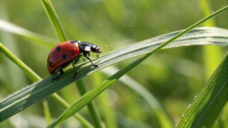 ladybug on a blade of grass in the morning dew