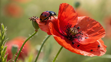 A ladybug on a red poppy flower in a field of poppies