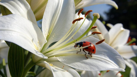 Ladybug on a white lily flower in the garden close upの写真素材