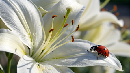 lily flower and ladybug on a green background close-upの写真素材