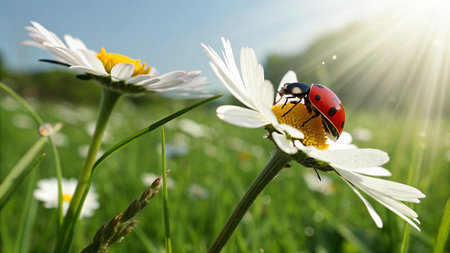 Ladybug on camomile flower in meadow. Beautiful nature scene.の写真素材