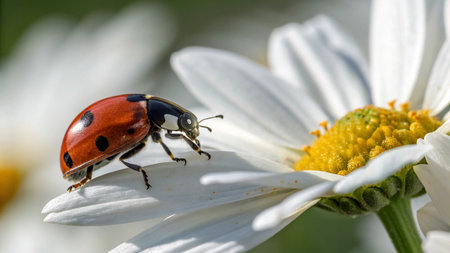 Ladybug on camomile flower in nature. Macro photo.の写真素材