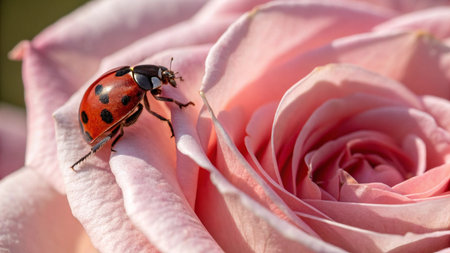 Ladybug on a pink rose close-up. Natural background.の写真素材