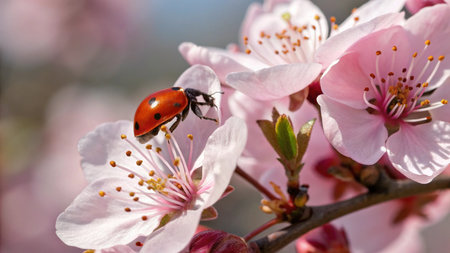 Ladybug on a branch of a blossoming apricot treeの写真素材
