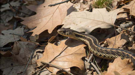 Close-up of a ringed garter snake in the forestの写真素材