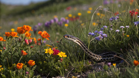 A closeup shot of a snake in a meadow with flowersの写真素材