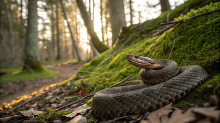A closeup shot of a snake in the forest under the sunlightの写真素材