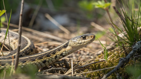 closeup of a european garter snake in its natural habitat