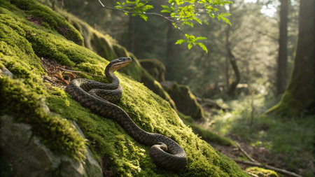 A closeup shot of a snake crawling on a moss covered rockの写真素材