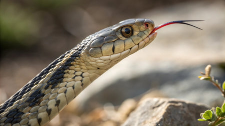 Close-up of the head of a ringed garter snakeの写真素材