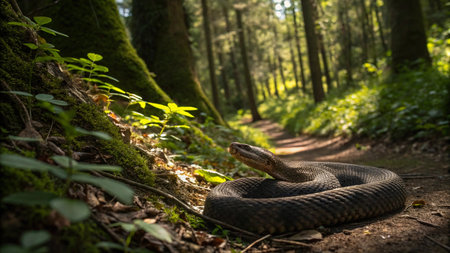 snake on the forest floor in sunny day with green foliage backgroundの写真素材