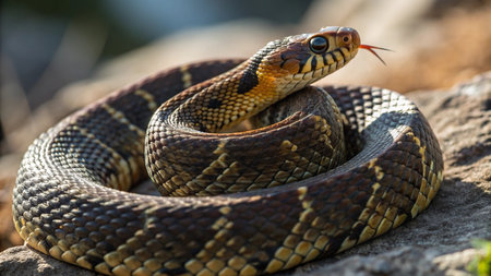Close-up of a snake on a rock in the sun.の写真素材