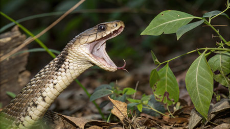 Close up of the head of a cobra snake with open mouth