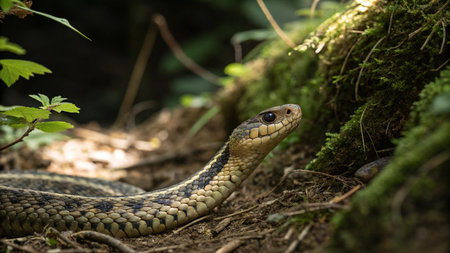 Close up of a ringed garter snake in the forest.の写真素材