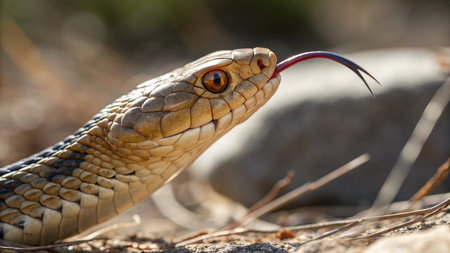 A closeup shot of the head of a wild european rat snakeの写真素材