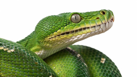 Close-up of a green pit viper, Morelia viridis, isolated on white
