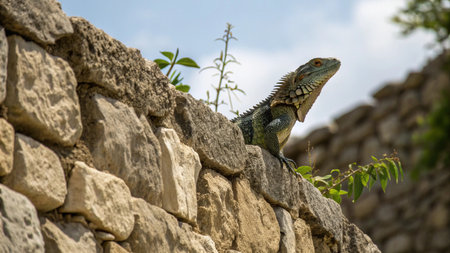 Lizard on a stone wall with green leaves in the background.の写真素材