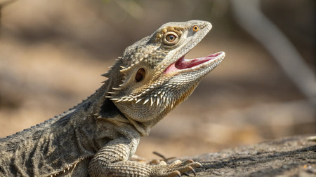 A close up of a bearded dragon with open mouth and tongue out.の写真素材