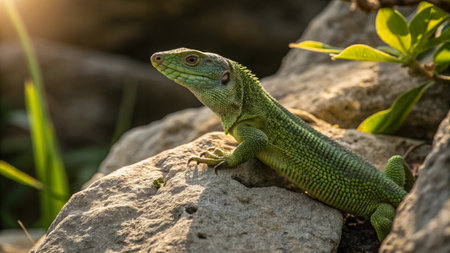 Green lizard on the rock in the morning sun. Close up.