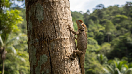 Close up of a lizard sitting on a tree in the jungle.の写真素材