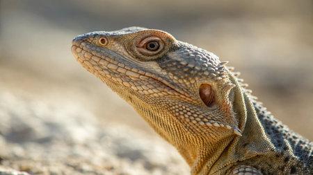 Close-up of a bearded dragon on the sand in the sunの写真素材