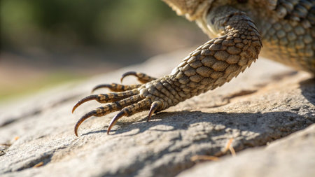 Close up of a lizard on a rock in the shade of a treeの写真素材
